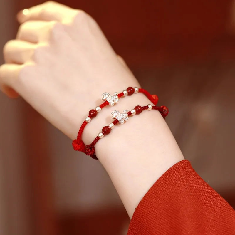999 Sterling Silver Horse Zodiac Red Braided Bracelet for Women - Light Luxury Gift