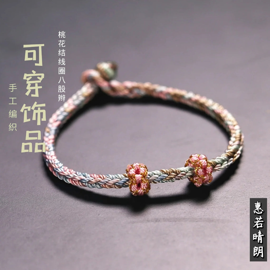Handmade Peach Blossom Knot Hand Eight Stranded Braid Four Sided Buddha Semi Finished Braided Rope Bracelet With Bead Pendant  H