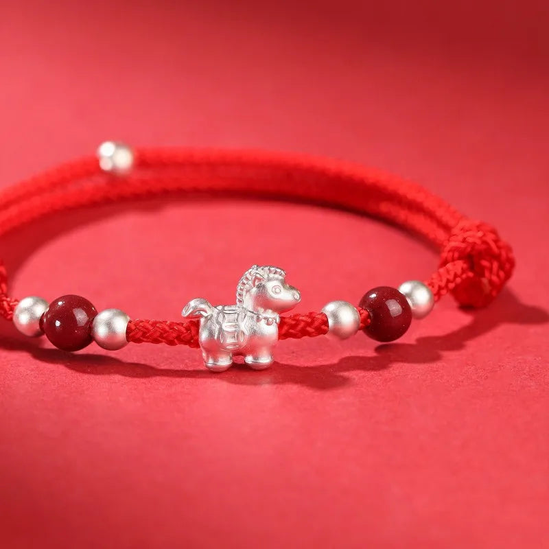 999 Sterling Silver Horse Zodiac Red Braided Bracelet for Women - Light Luxury Gift