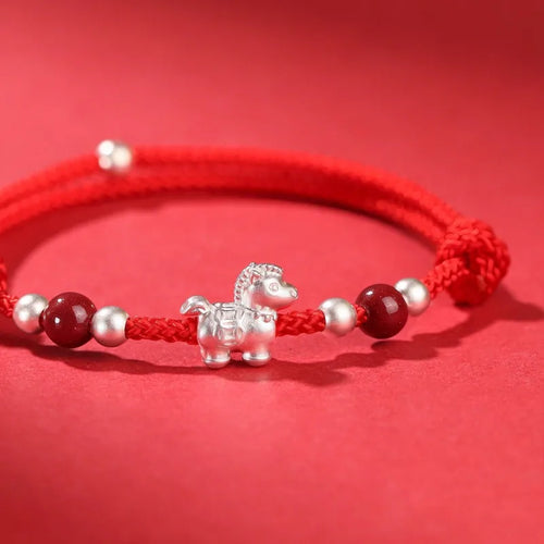 999 Sterling Silver Horse Zodiac Red Braided Bracelet for Women - Light Luxury Gift