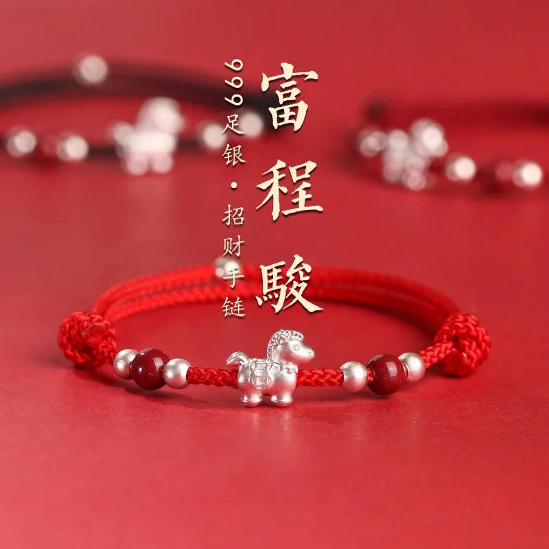 999 Sterling Silver Horse Zodiac Red Braided Bracelet for Women - Light Luxury Gift